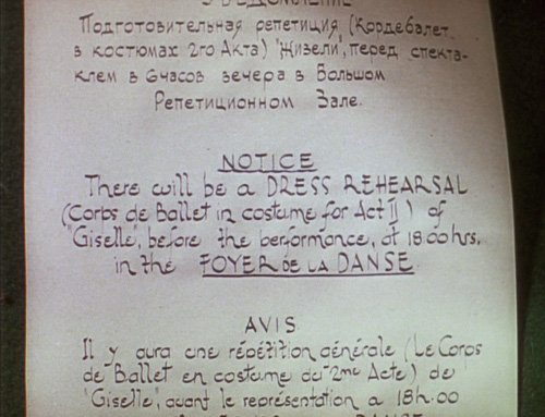 Rehearsal notice handwriting from The Red Shoes