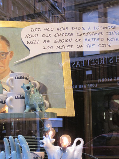 man with text bubble gossips friend is a locavore